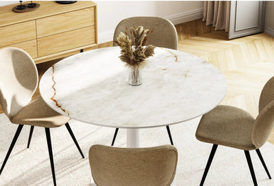 LEIF Round Ceramic/Marble Dining Table - White with Himalayan Marble Top - Milola