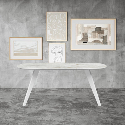 TYRA Boatshaped Cermaic/Marble Dining Table - White with Himalayan Marble Top - Milola