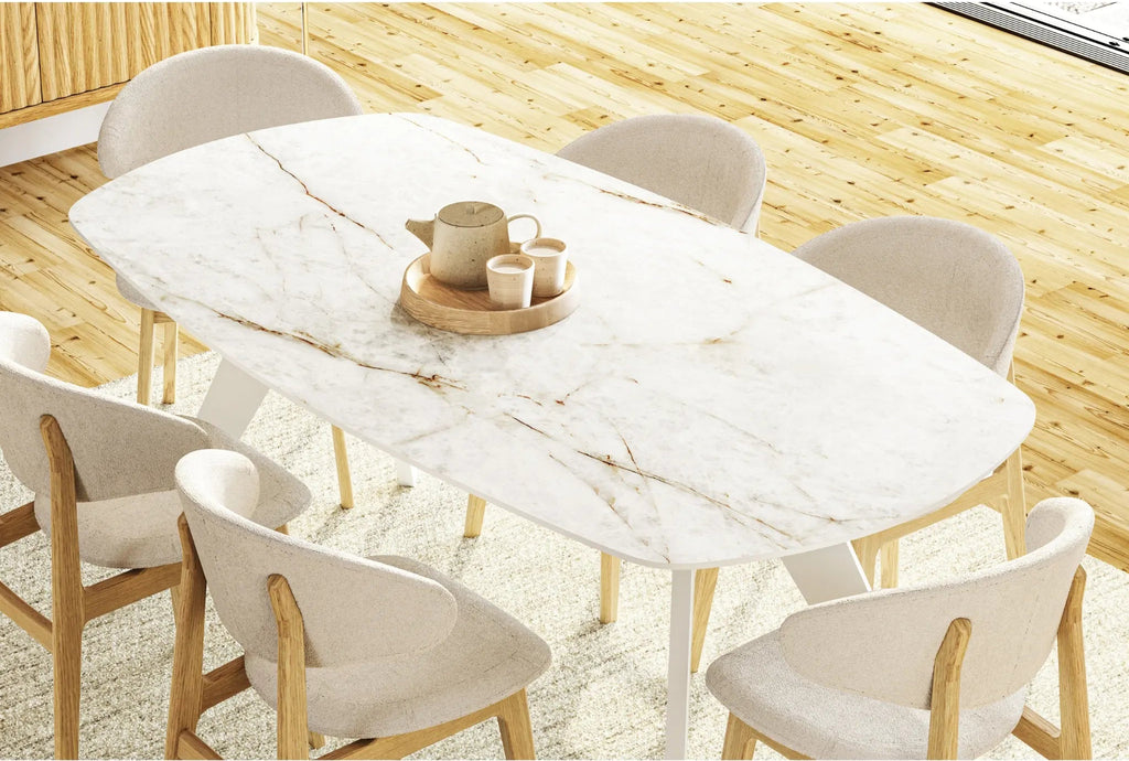 TYRA Boatshaped Cermaic/Marble Dining Table - White with Himalayan Marble Top - Milola